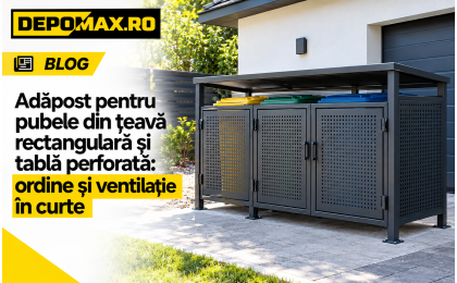 Adăpost pentru trei pubele realizat din țeavă rectangulară neagră și tablă perforată, montat lângă un garaj modern