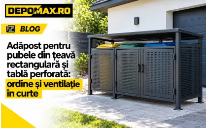 Adăpost pentru trei pubele realizat din țeavă rectangulară neagră și tablă perforată, montat lângă un garaj modern