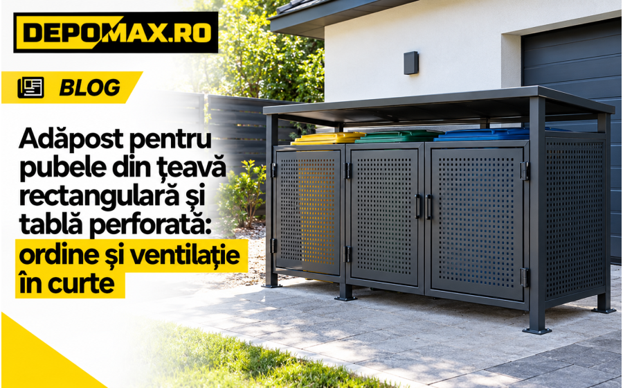 Adăpost pentru trei pubele realizat din țeavă rectangulară neagră și tablă perforată, montat lângă un garaj modern