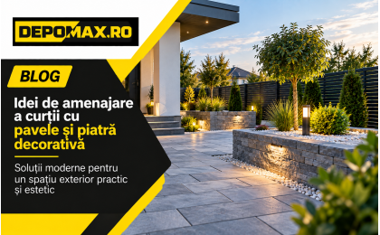 Amenajare modernă de curte cu pavele gri, piatră decorativă și zone verzi