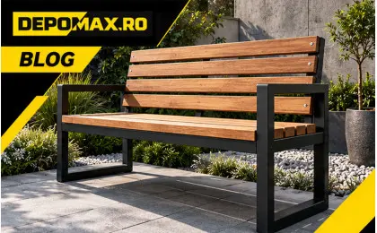 Bancă de grădină modernă cu structură din țeavă rectangulară neagră și lamele din lemn natural