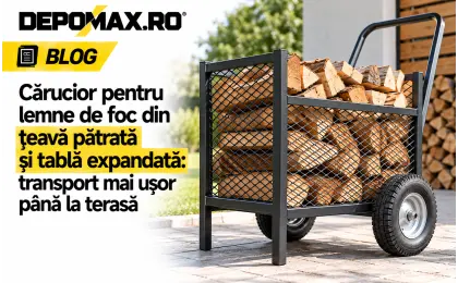 Cărucior pentru lemne de foc realizat din țeavă pătrată neagră și tablă expandată, cu roți pentru exterior