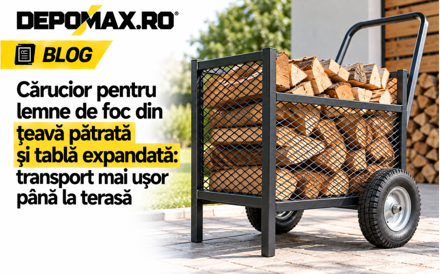 Cărucior pentru lemne de foc realizat din țeavă pătrată neagră și tablă expandată, cu roți pentru exterior