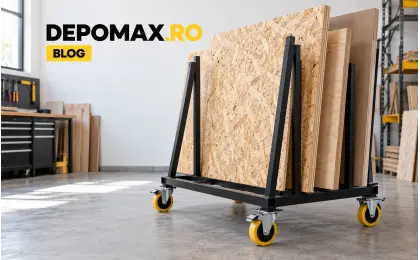 Cărucior vertical mobil din țeavă pătrată neagră, cu roți galbene și plăci OSB, placaj și MDF depozitate în atelier