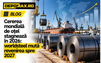 Bobine de oțel laminat la cald într-un terminal industrial european, cu transport feroviar și proiecte de infrastructură în fundal