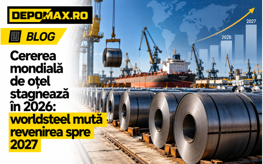Bobine de oțel laminat la cald într-un terminal industrial european, cu transport feroviar și proiecte de infrastructură în fundal