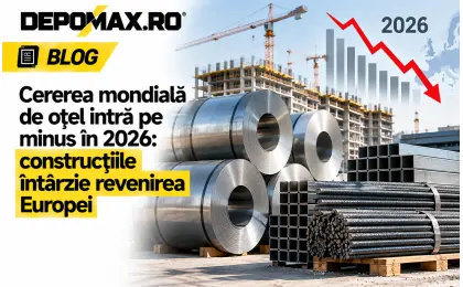 Bobine și profile din oțel stocate într-un centru european de distribuție, cu șantiere în fundal