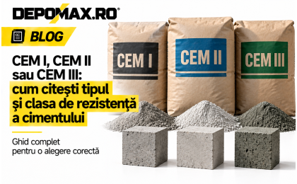 Trei mostre de ciment și epruvete din beton prezentate comparativ pentru explicarea marcajelor CEM I, CEM II și CEM III