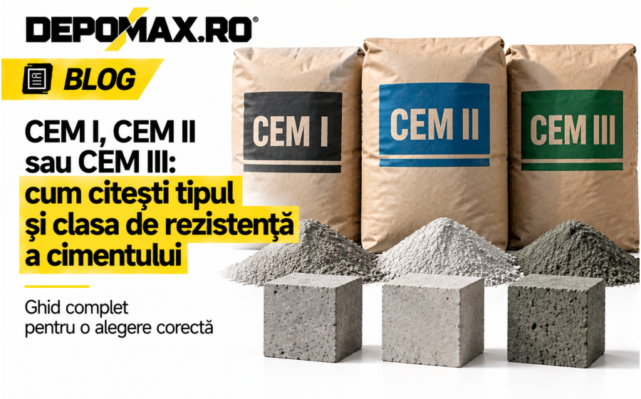 Trei mostre de ciment și epruvete din beton prezentate comparativ pentru explicarea marcajelor CEM I, CEM II și CEM III