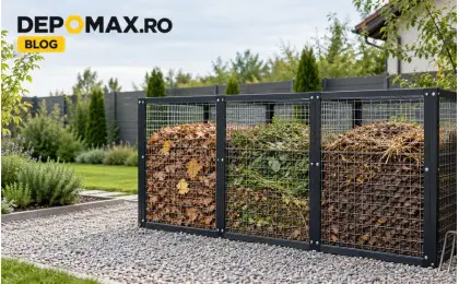 Compostor modular de grădină cu trei compartimente, realizat din cadru de cornier negru și panouri din plasă sudată zincată