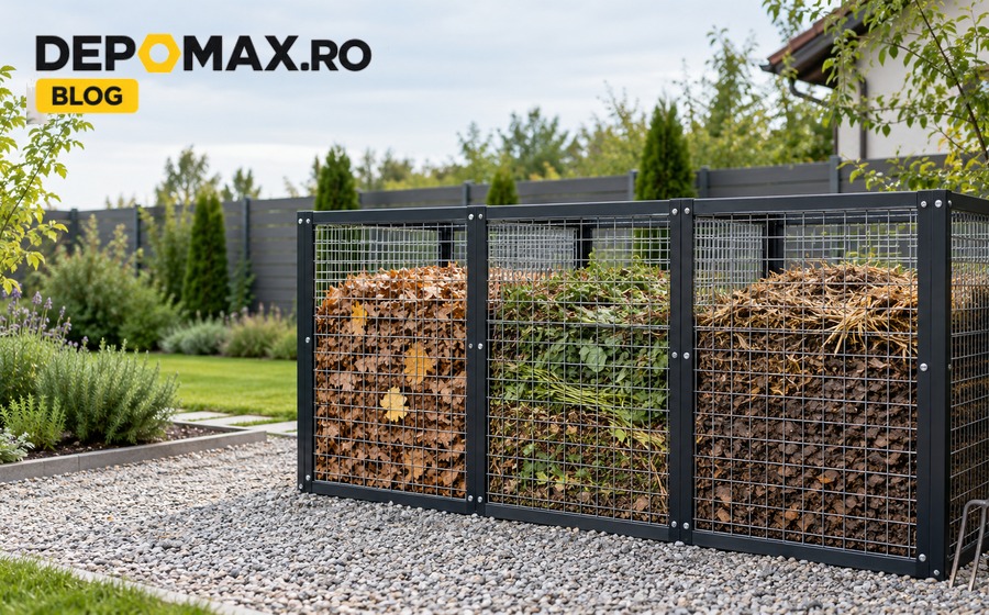 Compostor modular de grădină cu trei compartimente, realizat din cadru de cornier negru și panouri din plasă sudată zincată
