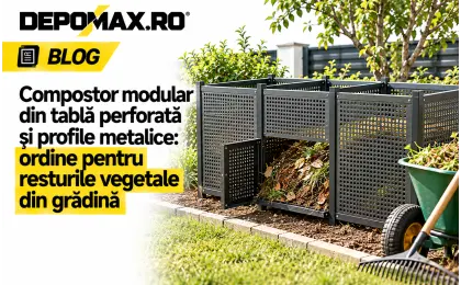 Compostor modular de grădină realizat din tablă perforată neagră și profile metalice zincate