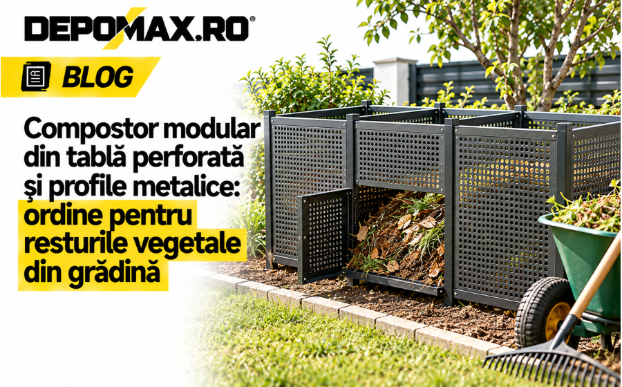 Compostor modular de grădină realizat din tablă perforată neagră și profile metalice zincate