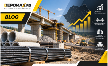 Șantier de infrastructură din România și materiale de construcții utilizate în proiectele din 2026