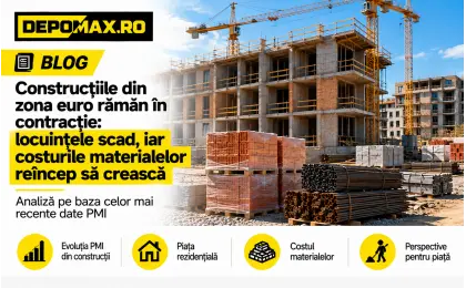 Șantier rezidențial european cu activitate redusă, macara oprită și stocuri de cărămidă, izolație și oțel