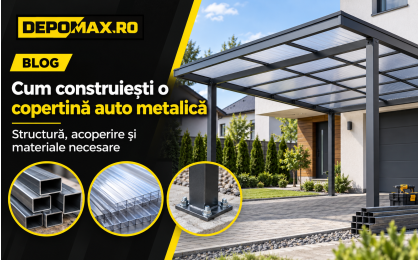 Copertină auto metalică modernă, acoperită cu policarbonat, cu structură din țeavă pătrată și rectangulară