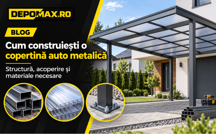 Copertină auto metalică modernă, acoperită cu policarbonat, cu structură din țeavă pătrată și rectangulară