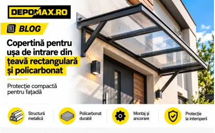 Copertină modernă pentru ușa de intrare, realizată din structură neagră de țeavă rectangulară și policarbonat transparent