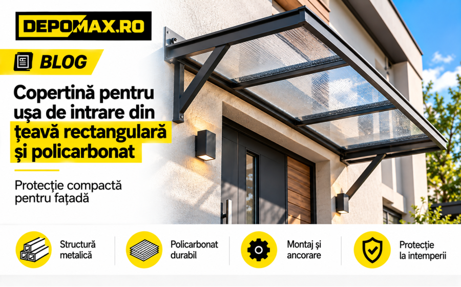 Copertină modernă pentru ușa de intrare, realizată din structură neagră de țeavă rectangulară și policarbonat transparent