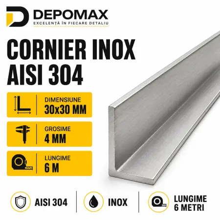 Cornier inox AISI 304, 30 x 30 x 4 mm, 6 metri
