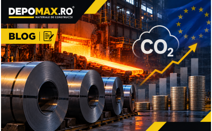 Combinat siderurgic european cu oțel incandescent și elemente grafice discrete reprezentând costul emisiilor de carbon