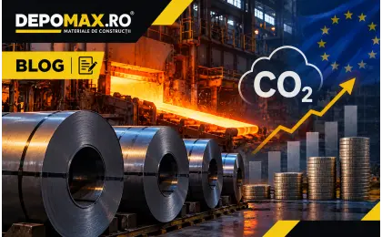 Combinat siderurgic european cu oțel incandescent și elemente grafice discrete reprezentând costul emisiilor de carbon