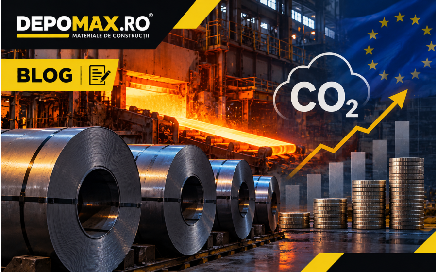 Combinat siderurgic european cu oțel incandescent și elemente grafice discrete reprezentând costul emisiilor de carbon