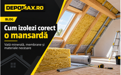 Mansardă izolată cu vată minerală între căpriori, membrană pentru controlul vaporilor și structură pentru gips-carton