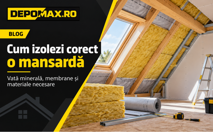 Mansardă izolată cu vată minerală între căpriori, membrană pentru controlul vaporilor și structură pentru gips-carton