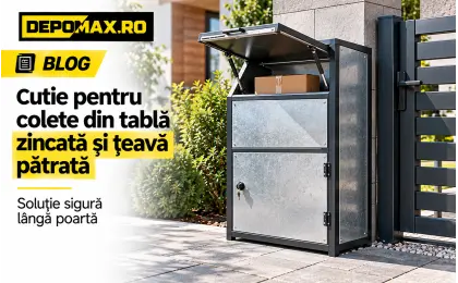 Cutie exterioară pentru colete din tablă zincată și cadru negru din țeavă pătrată, montată lângă poarta unei case