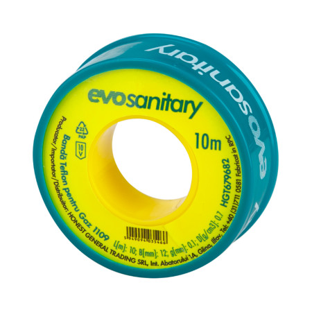Banda PTFE pentru gaz 1109, latime 12 mm, lungime 10 m, grosime 0,1 mm, densitate 0,7 g/cm³