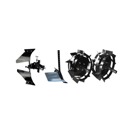 Pachet accesorii Avansat motosapa/motocultor, plug reversibil, rarita si roti metalice EvoTools