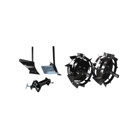 Pachet accesorii Basic motosapa/motocultor, plug, rarita, adaptor si roti metalice EvoTools