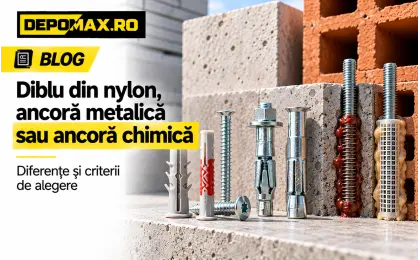 Diblu din nylon, ancoră metalică și ancorare chimică prezentate comparativ pe beton și zidărie cu goluri