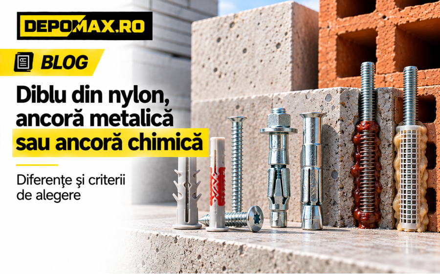 Diblu din nylon, ancoră metalică și ancorare chimică prezentate comparativ pe beton și zidărie cu goluri
