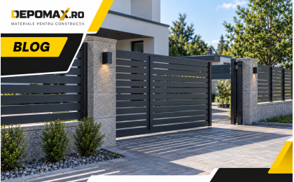 Gard modern antracit realizat din țeavă rectangulară cu lamele orizontale și poartă culisantă
