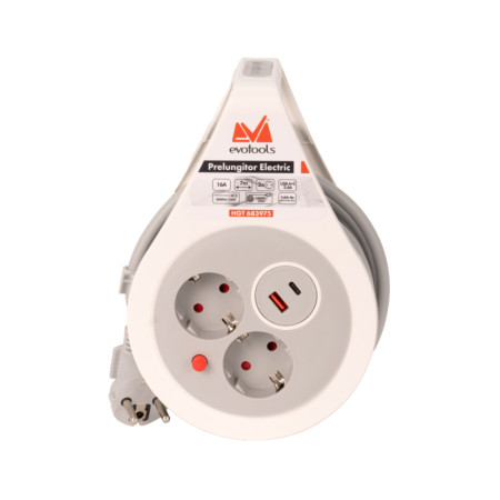 Prelungitor electric 2 prize + 2 USB A+C Evotools, 7 m, 16 A