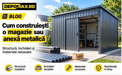 Magazie metalică modernă cu structură din profile de oțel, pereți din tablă și acoperiș metalic