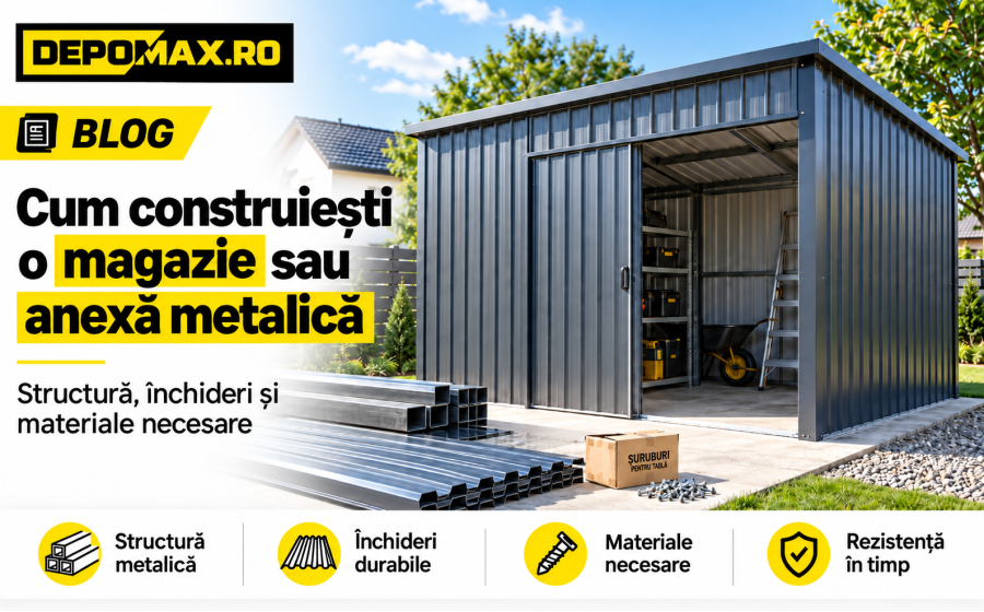 Magazie metalică modernă cu structură din profile de oțel, pereți din tablă și acoperiș metalic