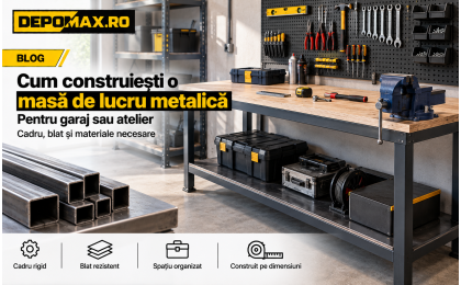 Masă de lucru metalică pentru atelier cu structură din țeavă pătrată, blat rezistent și spațiu pentru scule
