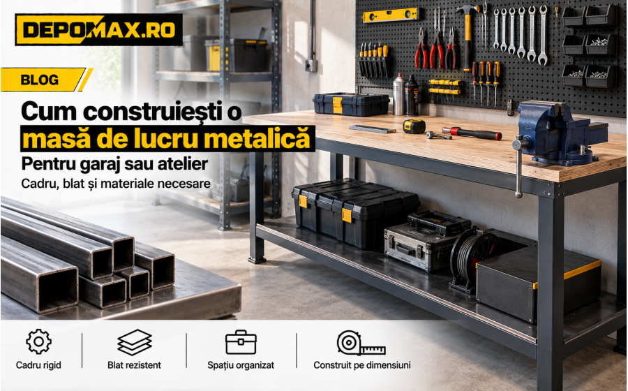 Masă de lucru metalică pentru atelier cu structură din țeavă pătrată, blat rezistent și spațiu pentru scule