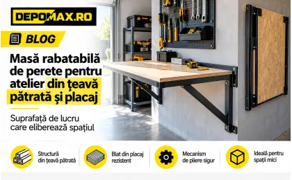 Masă rabatabilă de atelier cu blat din placaj și console din țeavă pătrată neagră, montată pe un perete de garaj