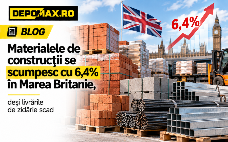 Depozit britanic de materiale cu cărămizi, blocuri din beton, profile structurale și țevi pregătite pentru livrare