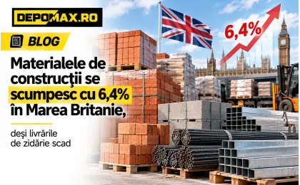 Depozit britanic de materiale cu cărămizi, blocuri din beton, profile structurale și țevi pregătite pentru livrare