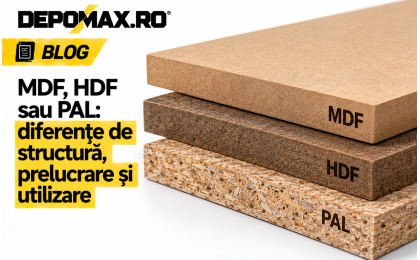 Mostre de MDF, HDF și PAL prezentate comparativ, cu structura canturilor vizibilă