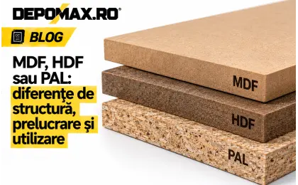 Mostre de MDF, HDF și PAL prezentate comparativ, cu structura canturilor vizibilă
