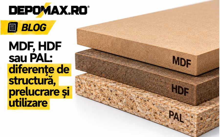 Mostre de MDF, HDF și PAL prezentate comparativ, cu structura canturilor vizibilă