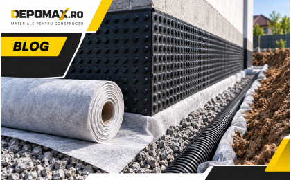 Membrană cu crampoane și geotextil utilizate într-un sistem de drenaj și protecție a fundației