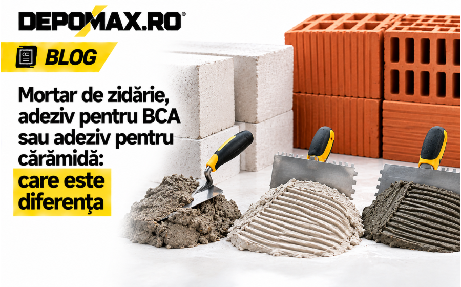Mortar de zidărie și adezivi pentru BCA și cărămidă, prezentați alături de blocuri compatibile