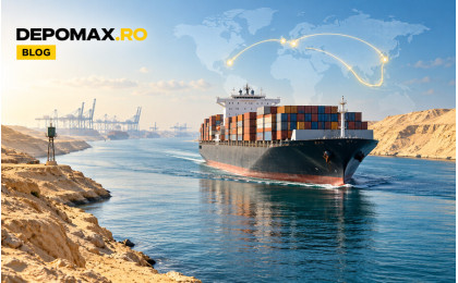 Navă de containere traversând Canalul Suez pe ruta comercială dintre Asia și Europa